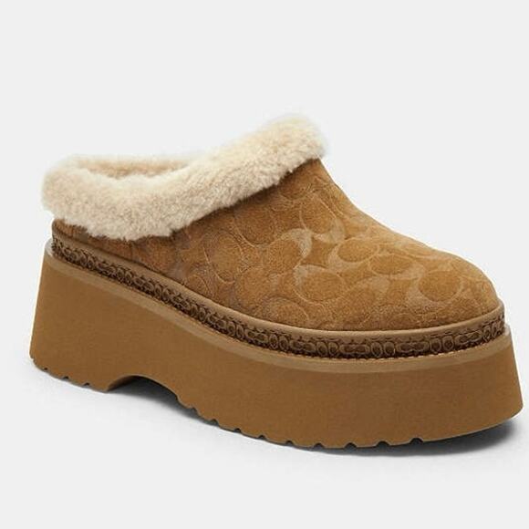 Coach Cecelia Clog Tobacco Signature Suede Wool Lined Platform Slip On Size 9B - Picture 1 of 13